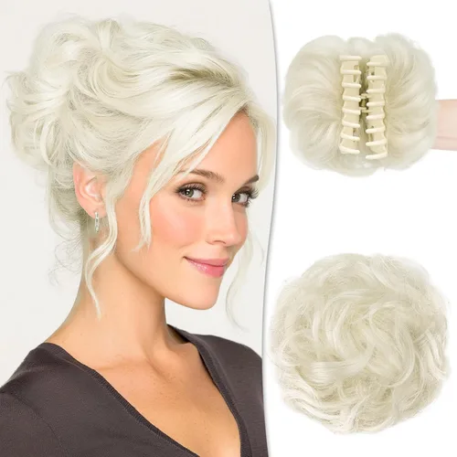 Vista 15 de RUWISS Extensiones de cabello humano real, ondulado y rizado, moño despeinado, cola de caballo para mujer (12H24# castaño rojo/rubio mediano)