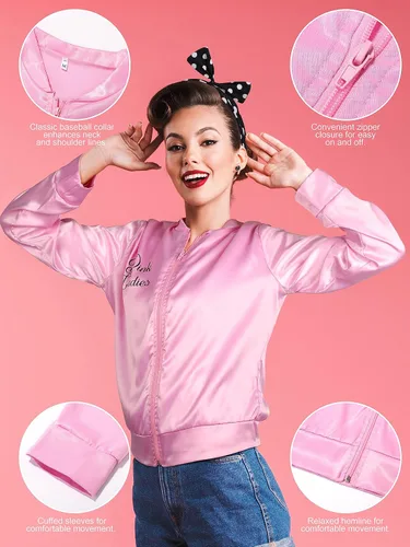 Vista 4 de AOTHSO Chaqueta de satén rosa de los años 50 con diadema, 2 bufandas, 2 aretes, 2 gafas para mujeres, disfraz de cosplay para adultos de Halloween