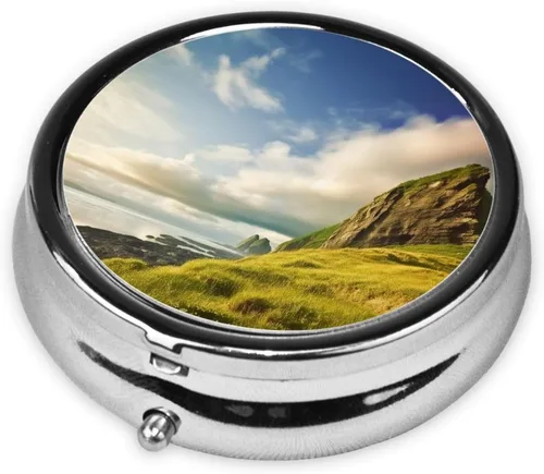 Vista 2 de Nature Cliff Sky Print Round Pill Box 3 Compartment Medicine Pill Case Portable Pill Container for Daily Medicine Supplement Vitamin