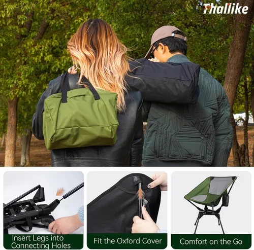Vista 8 de Silla de camping giratoria de 360° mejorada para adultos, silla plegable portátil con soporte para tazas, mochila compacta ligera para exteriores