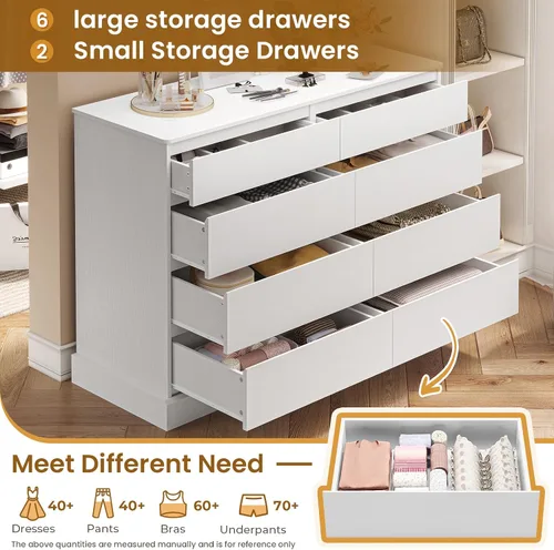 Vista 3 de EPHEX Cómoda de dormitorio con 8 cajones, cómoda doble grande blanca, moderna cómoda organizadora de almacenamiento para dormitorio, sala de estar