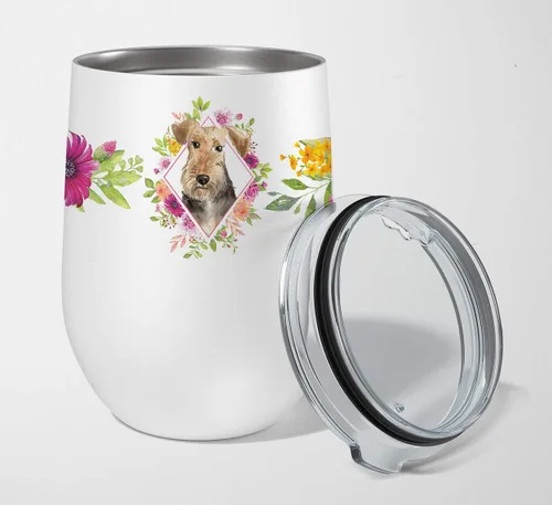 Vista 114 de Caroline's Treasures CK4110TBL12 Afghan Hound Pink Flowers - Vaso de vino aislado de acero inoxidable de 12 onzas con tapa, bonita taza de viaje