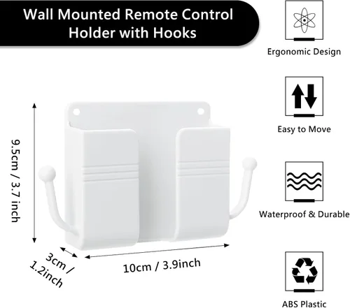 Vista 2 de 3 soportes para teléfono de montaje en pared, caja de almacenamiento universal con soporte para control remoto, ganchos para cable de carga