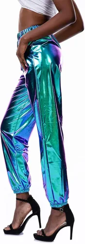 Vista 2 de SIAEAMRG - Pantalones deportivos de cintura alta para mujer brillantes metálicos elásticos con aspecto mojado estilo hip hop para club holográficos