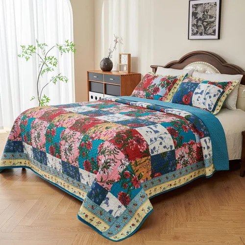 Vista 8 de EVENHUG Juego de edredón de retazos de 100% algodón, tamaño Queen, ligero, floral, juego de ropa de cama, colcha reversible con fundas de almohada