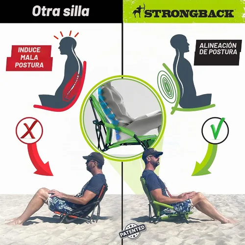Vista 3 de STRONGBACK Sillas de playa – Silla de playa portátil reclinable de baja gravedad – con soporte lumbar integrado, sillas de playa plegables Negro