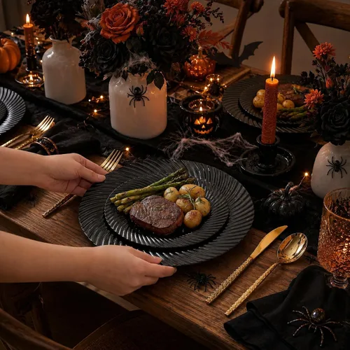 Vista 3 de WELLIFE 100 platos de plástico negro para fiestas, platos desechables negros incluyen 50 platos de postre y 50 platos llanos para bodas, cumpleaños
