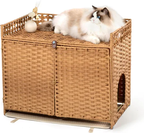 Vista 10 de Furriends Caja de arena para gatos con 2 alfombrillas, muebles ocultos de ratán tejido a mano, grande, 30.3 pulgadas de largo x 18.2 pulgadas