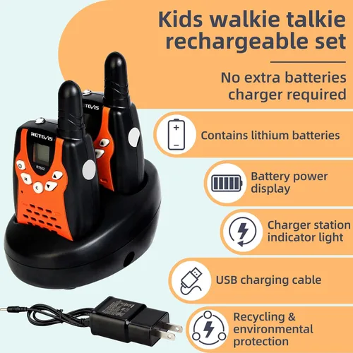 Vista 2 de Walkie Talkies Retevis para niños, recargables, 22 canales, FRS VOX, radio bidireccional para niños (naranja, 1 par)