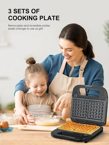 Vista 7 de Reemix Máquina 3 en 1 para Waffles, Parrilla y Sándwiches, Prensa Panini y Plancha para Waffles con Placas Antiadherentes Removibles, Perfecta
