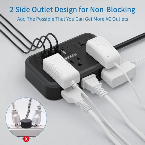 Vista 8 de NTONPOWER - Cable de extensión de enchufe plano de 10 pies, regleta de alimentación con 6 salidas ampliamente espaciadas (2 lados) con 4 puertos