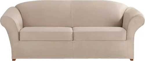 Vista 6 de SURE FIT funda para silla con alas y cojín en T de gamuza suave, de una pieza, ajuste relajado, poliéster, lavable a máquina, color chocolate