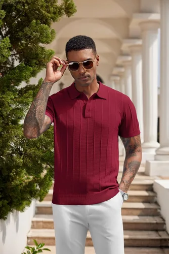 Vista 69 de COOFANDY Camisas polo de punto para hombre de manga corta con textura acanalada Camisas de golf casuales y ligeras con cuello Camiseta de polo