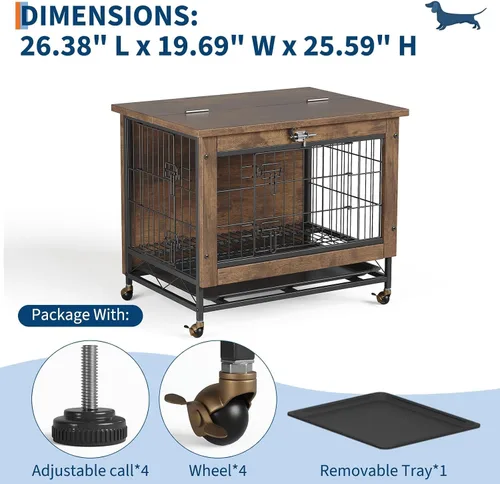 Vista 6 de Mueble de jaula para perros pequeños con ruedas, perrera de madera resistente de 2 puertas, para interiores, mesa auxiliar de jaula para perros