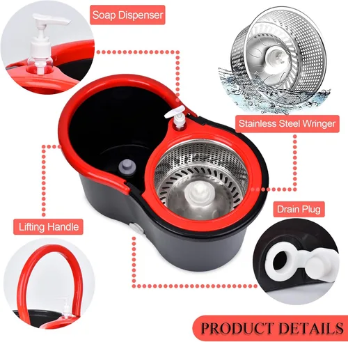 Vista 3 de Trapeador giratorio y cubo con juego de escurridor, sistema de cubo giratorio de 360° con 3 cabezales de repuesto de mopa de microfibra y mango