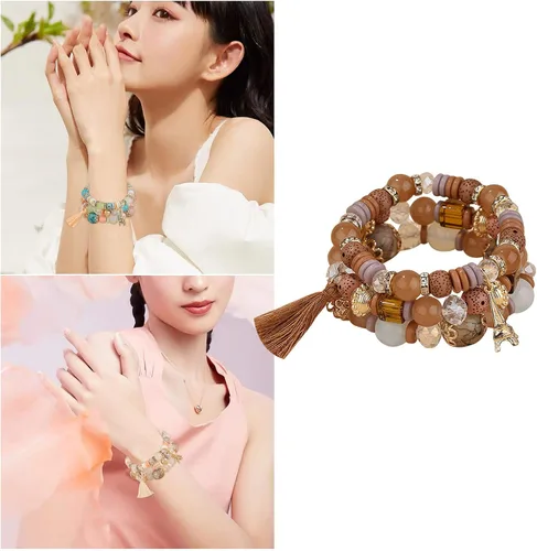 Vista 2 de Juego de pulseras apilables de cuentas para mujer y hombre juego de pulseras elásticas multicapa joyería multicolor aretes largos de perlas