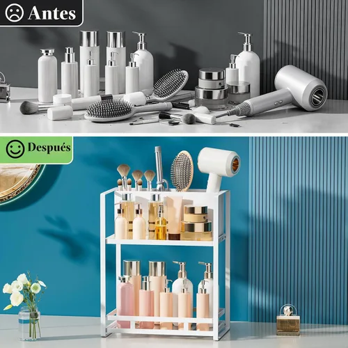 Vista 9 de SanDream Organizador de herramientas para el cabello, encimera de baño, organizador de baño de metal de 2 niveles con soporte para secador, estante