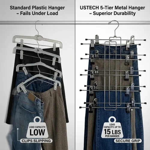 Vista 4 de Perchas de metal de 5 niveles con clips, paquete de 2 perchas de alambre que ahorran espacio, perchas de acero inoxidable resistentes