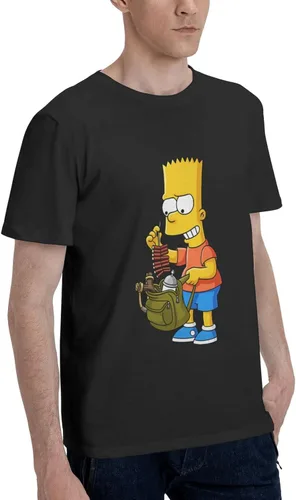 Vista 3 de The Simpsons Camisa cómoda de manga corta para hombre con cuello redondo de algodón de moda camiseta negra