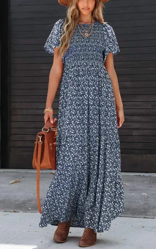 Vista 4 de PRETTYGARDEN Vestido largo casual de verano para mujer, de manga corta, bohemio, floral, cuello redondo, fruncido y escalonado