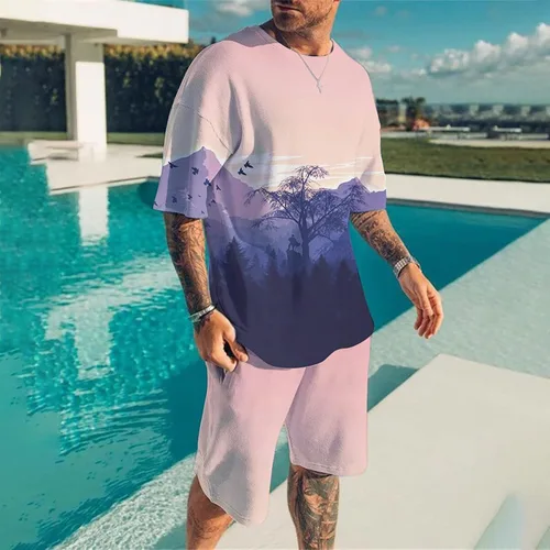 Vista 2 de Conjunto corto de 2 piezas para hombre, conjunto deportivo de verano de manga corta, camiseta y pantalones cortos, conjunto deportivo casual de 2023