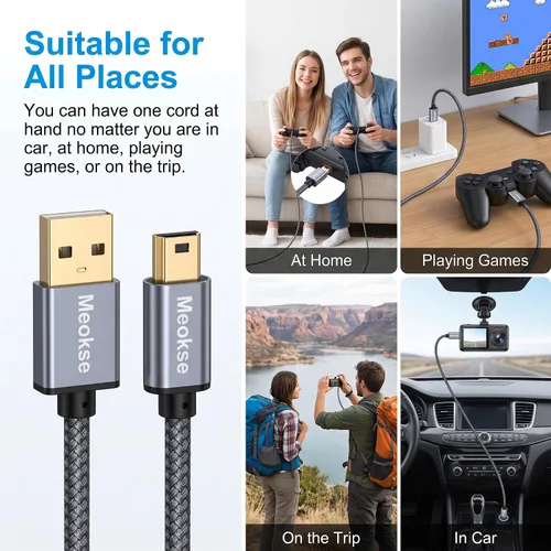 Vista 3 de Meokse Cable mini USB de 20 pies, USB 2.0 tipo A a Mini B, cable de carga de sincronización de datos de alta velocidad, cable portátil duradero 19.7