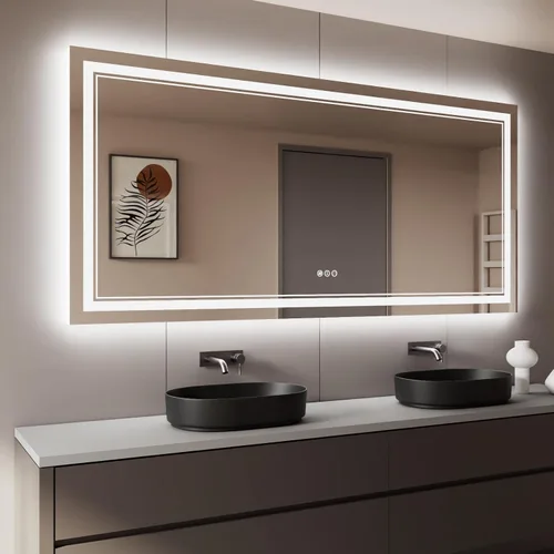 Vista 13 de Espejo de baño LED de 24 x 28 pulgadas, luz frontal y retroiluminada, antiniebla, regulable, espejo de tocador iluminado con memoria, espejo LED