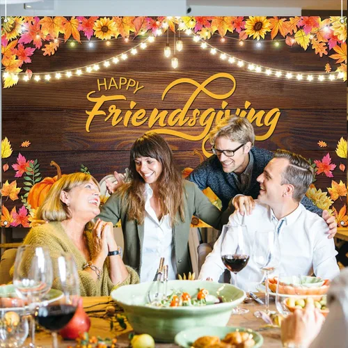 Vista 3 de Nepnuser Telón de fondo para cabina de fotos de Happy Friendsgiving de cosecha de otoño, decoración de fiesta de amigos, hojas de arce, girasol