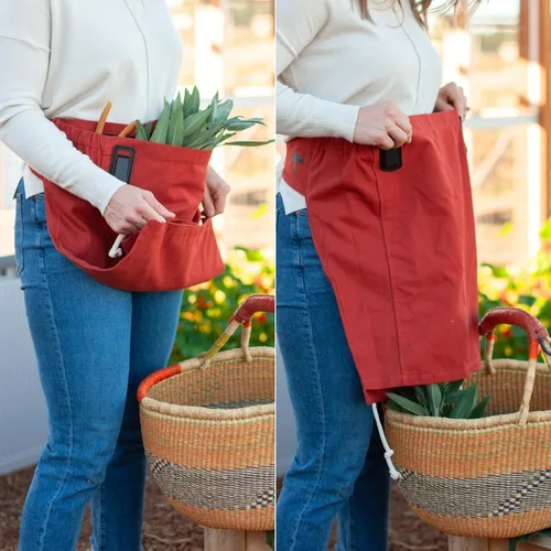 Vista 5 de Roo - Delantal de jardinería con bolsillos y cosecha, bolsa de recogida, ajustable, resistente al agua, lavable, lona de algodón