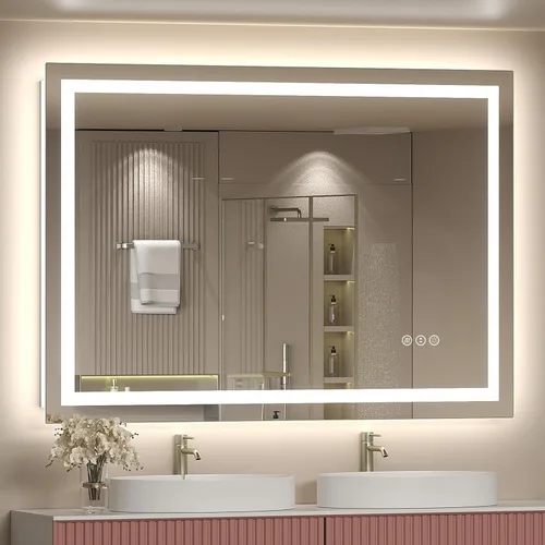 Vista 26 de Espejo de baño LED iluminado de 30 x 30 pulgadas para pared, espejo cuadrado de tocador con luces, regulable, antivaho, a prueba de roturas