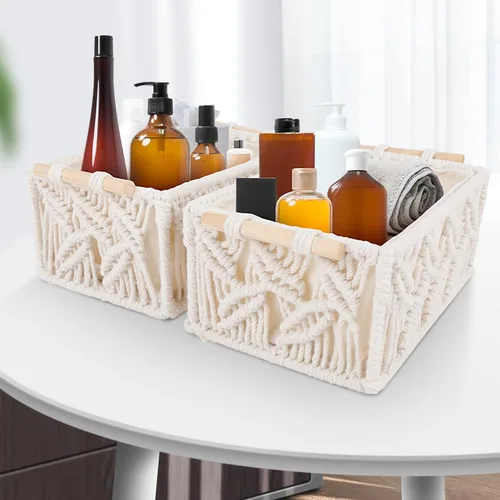 Vista 2 de ANMINY 3 cestas de almacenamiento de macramé para organizar cestas de decoración bohemia, cestas de almacenamiento con asas de madera, cajas