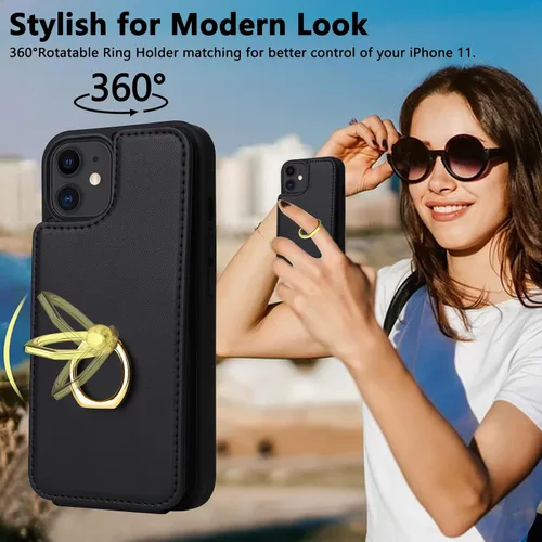 Vista 3 de Funda compatible con iPhone 11 con tarjetero y soporte para tarjetas, soporte de anillo de dedo de rotación de 360º, función atril, protección RFID