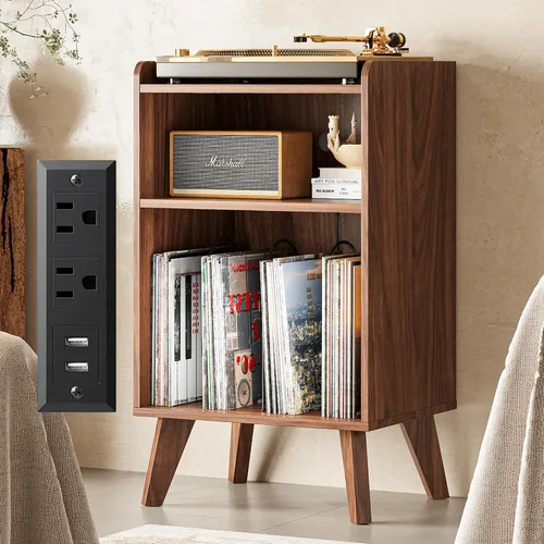 Vista 11 de Soporte para tocadiscos, plataforma giratoria con almacenamiento de discos y estación de carga y puertos USB, mesa para tocadiscos con divisor
