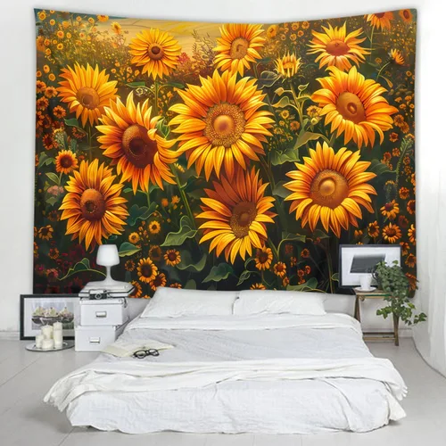 Vista 20 de WODEJIAFANG Tapiz estético de tela para pared, tapiz decorativo de girasol, fondo de oficina, divisor de habitación para dormitorio, jardín al aire