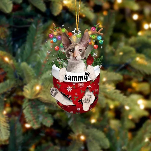 Vista 11 de Adorno personalizado de gato de rizo americano, adorno personalizado con nombre de mascota, colgante acrílico plano impreso en 2D, Papá Noel y gato