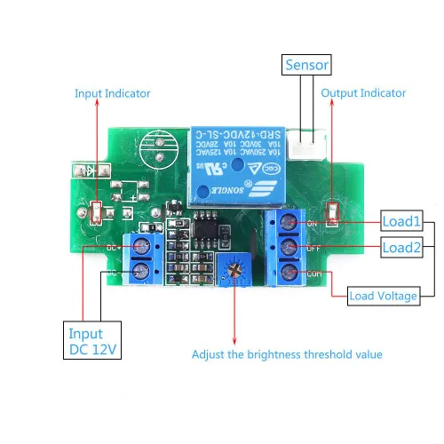 Vista 2 de Controlador de sensor fotosensible Módulo de relé de resistencia DC 12V Controlador impermeable Brillo ajustable Interruptor de control de luz