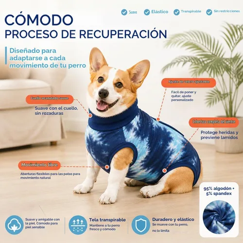Vista 6 de Traje de recuperación transpirable para perros macho/hembra, mameluco de perro de tie dye azul para heridas abdominales, alternativa a cono y collar