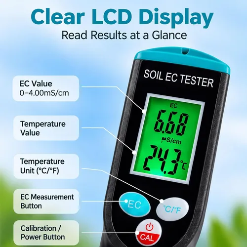 Vista 4 de Medidor digital EC de suelo 2 en 1 plantas porfesionales medidor de temperatura EC con sensor con cable, pantalla LCD retroiluminada, compensación
