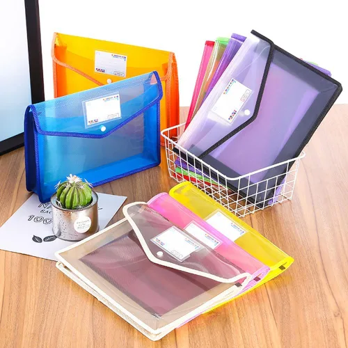 Vista 4 de Carpeta de archivos de plástico tamaño A4, sobres de polietileno expandibles, bolsa de archivos transparente impermeable con cierre a presión