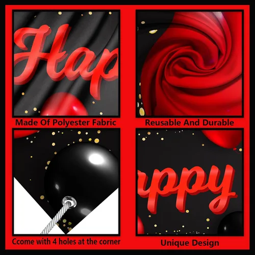 Vista 3 de Cartel de feliz cumpleaños número 10 color rojo y negro, globos para decoración temática para patio, jardín, niñas, mujeres, princesas, decoraciones