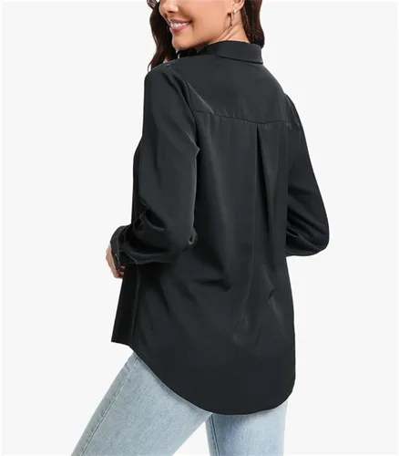 Vista 5 de Camisas con botones para mujer, ajuste delgado, manga larga, elástica, para negocios, casual, de manga larga