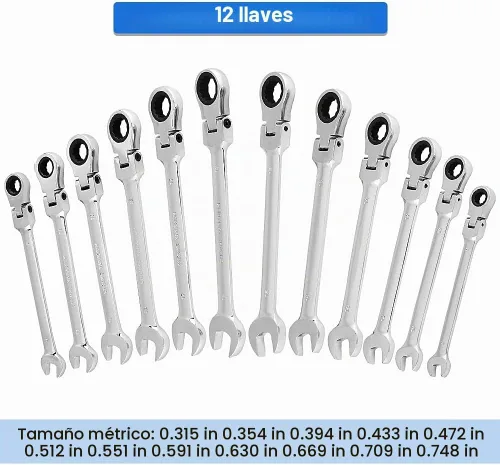 Vista 5 de Llave de trinquete métrica flexible de 12 piezas, 0.315-0.748 in 72 dientes de acero al cromo vanadio con organizador