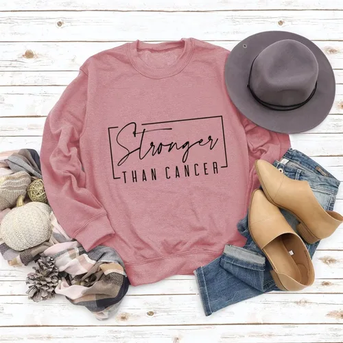 Vista 2 de Sudaderas para mujer con concienciación sobre el cáncer de mama más fuerte que el cáncer, camisetas motivacionales, regalo inspirador