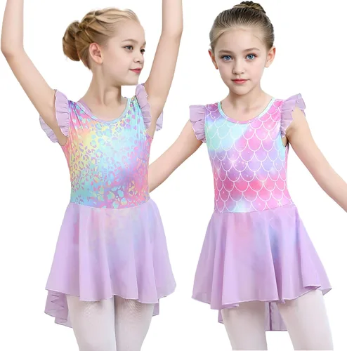 Vista 38 de iLover Vestido de leotardo clásico con tutú y mangas con volantes para niñas, para danza, gimnasia y ballet Negro