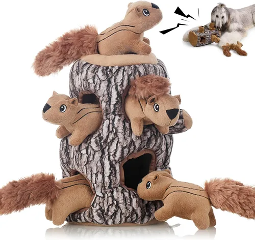 Vista 7 de Laifug juguete de peluche de ardilla escondida para perros, juguete interactivo con chillido para perros para jugar al escondite, L