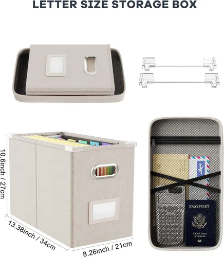 Vista 2 de Oterri Caja organizadora de archivos con tapa, caja de archivos colgante con bolsillo de malla, caja organizadora de documentos para archivos