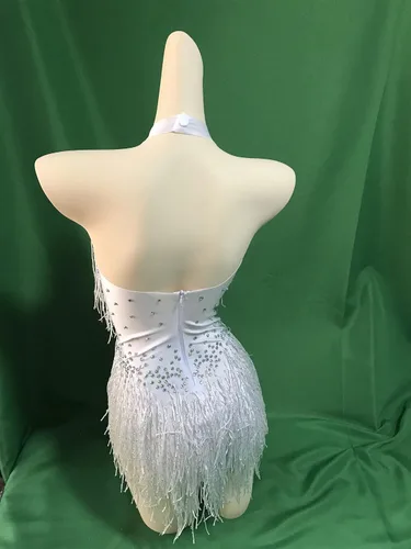 Vista 8 de Body blanco brillante con diamantes de imitación para mujer, traje de drag queen, trajes de baile con flecos
