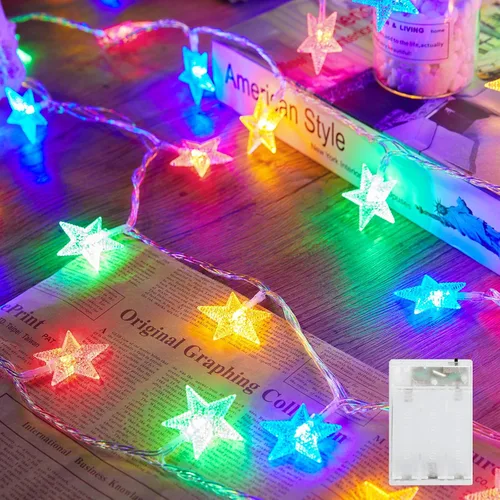 Vista 12 de Minetom - Cadena de luces con forma de estrella operadas a pilas - 5.2 m, 50 luces LED, impermeables, con temporizador, para decoración
