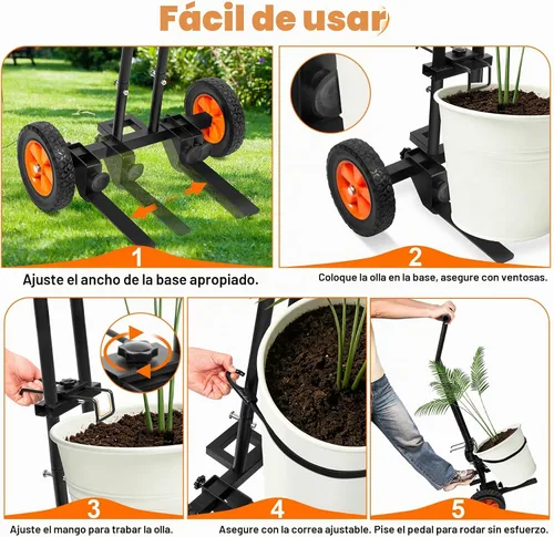 Vista 3 de Carrito de plantas con ruedas, carrito resistente para plantas, carrito de mudanza de plantas de 175 libras con brazo de agarre ajustable, correa