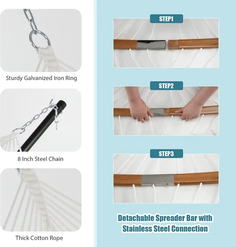 Vista 4 de Giantex Hamaca con almohada desmontable para colgar al aire libre, hamaca de patio con barra separadora de bambú curvada, cadena de acero, hamacas